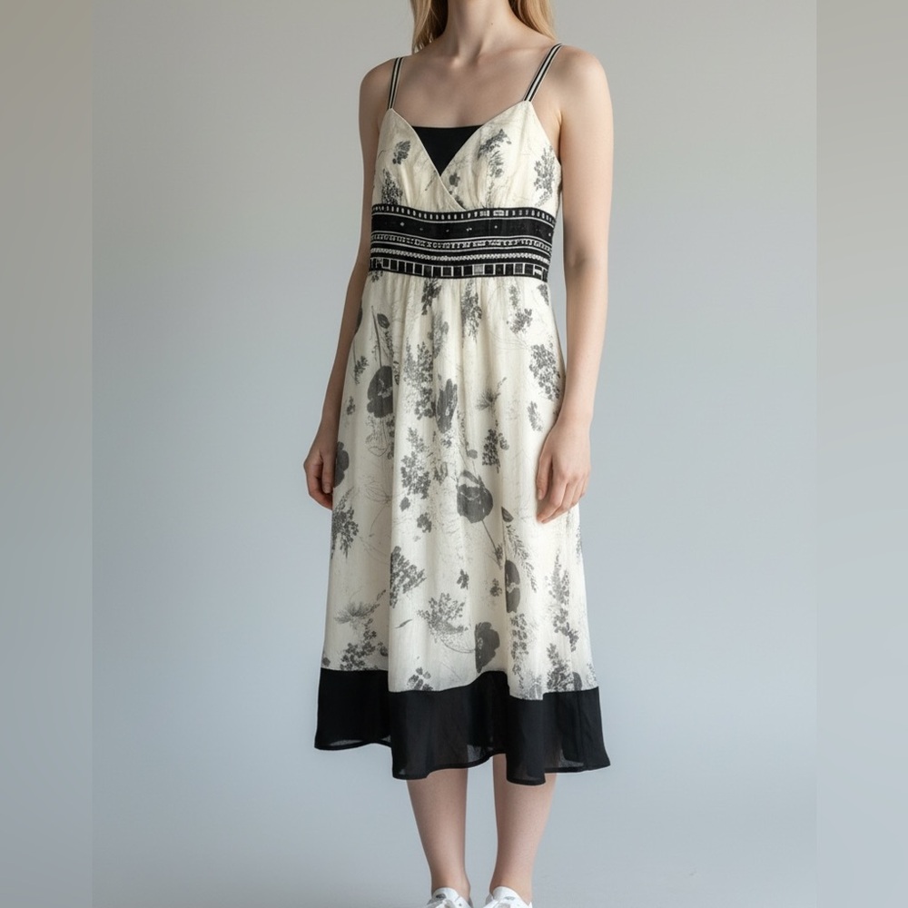 Laundry by‎ Shelli Segal Ivory Silk Floral Print Dress • Sz 12 • Bead Trim Lined